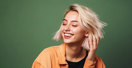 Blond young woman laughing on a colorful background. Generative AI - obrazy, fototapety, plakaty