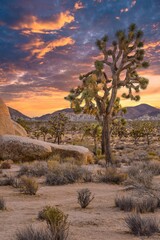 Vertical sunset view of a desert with Joshua trees (Yucca brevifolia) and thorn bushes © Dmitrys/Wirestock Creators