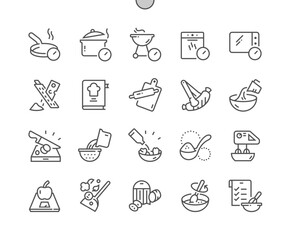 Food preparation. Recipes book. Cooking time. Grater, stir, blender, spoon. Pixel Perfect Vector Thin Line Icons. Simple Minimal Pictogram
