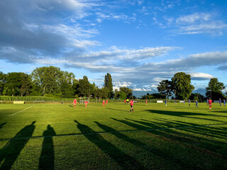 Football match with shadows of the spectators stretching across the pitch with blue sky and dramatic clouds