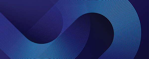 Abstract blue glowing geometric lines on dark blue background. Modern shiny blue diagonal rounded lines pattern. Futuristic technology concept. Vector illustration