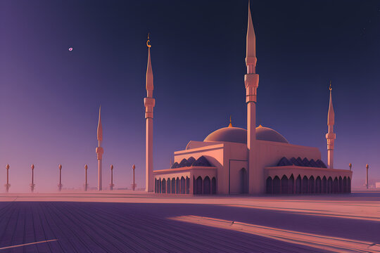 Night view of the mosque Arabic background. Generative AI