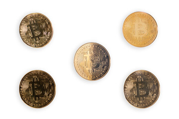Golden bitcoin coin isolated on white background. Bitcoins. Physical bit coins. Digital currency. Cryptocurrency mining concept. Five coins with bitcoin symbols isolated on white background