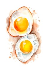 Watercolor illustration of two fried eggs on white background. Generative AI.