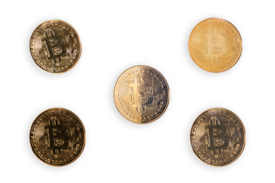 Golden bitcoin coin isolated on white background. Bitcoins. Physical bit coins. Digital currency. Cryptocurrency mining concept. Five coins with bitcoin symbols isolated on white background