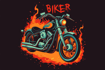 Bike on fire vector vintage illustration for t-shirt.
