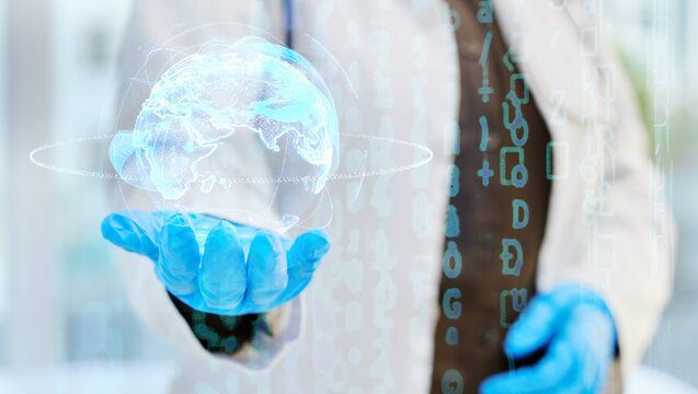 Global hologram, healthcare and doctor hand for research software, telehealth network and world health in data overlay. Professional medical person, globe or earth holographic and digital statistics