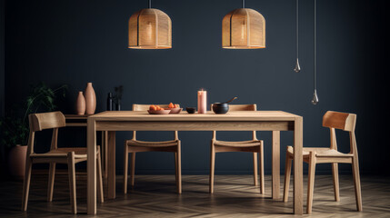 Round wooden dining table and chairs in gray tones with decor, stylish modern interior. mock up, Al generated