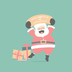 merry christmas and happy new year with cute santa claus and present gift in the winter season green background, flat vector illustration cartoon character costume design