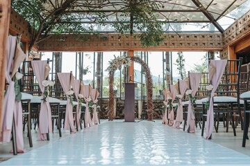 Festive interior with pastel wedding decorations