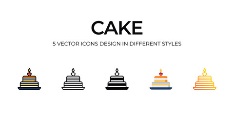 Cake Icon Design in Five style with Editable Stroke. Line, Solid, Flat Line, Duo Tone Color, and Color Gradient Line. Suitable for Web Page, Mobile App, UI, UX and GUI design.