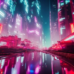 Futuristic cyberpunk city with neonlights and a river channel
