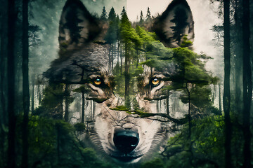 Wolf and forest. The concept of protecting wildlife and green planet. Generated AI