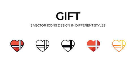 Gift Icon Design in Five style with Editable Stroke. Line, Solid, Flat Line, Duo Tone Color, and Color Gradient Line. Suitable for Web Page, Mobile App, UI, UX and GUI design.