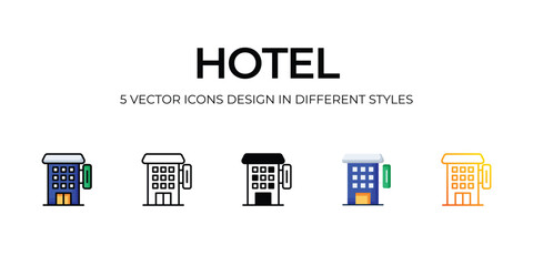 Hotel Icon Design in Five style with Editable Stroke. Line, Solid, Flat Line, Duo Tone Color, and Color Gradient Line. Suitable for Web Page, Mobile App, UI, UX and GUI design.
