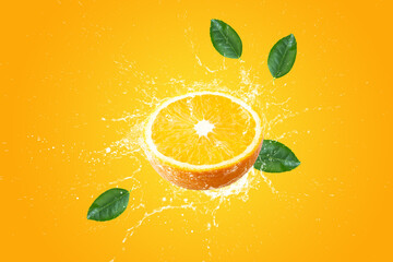 Creative layout made from Fresh Sliced oranges and Orange fruit and water Splashing on a pink background.