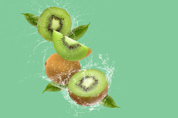 Creative layout made from Sliced of kiwi and water Splashing on a green background. - obrazy, fototapety, plakaty