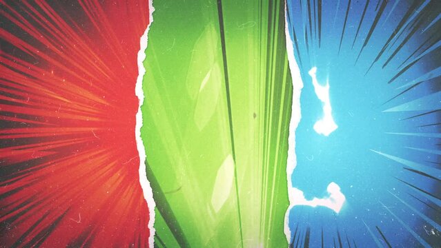 Vintage Comic Book Action Layout Background/ 4k animation of a powerful vintage and grunge textured comics like page layout background with halftone dots and dynamic torn paper and speed sunbeams effe