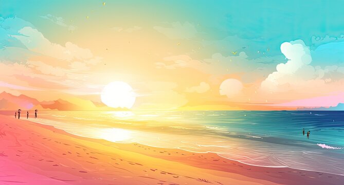 Sunny drawing of a paradise beach. Summer vacations. Generative AI