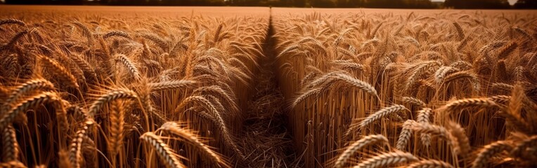 Wheat field. Ears of golden wheat close up. Background of ripening ears of meadow wheat field. Rich harvest Concept. Generative AI