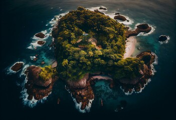 Aerial Drone View of a tropical island with lush jungle in Costa Rica, Isla del Caño. Generative AI