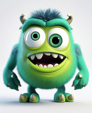 blue cute monster character, 3d animation, isolated on white background, generative ai