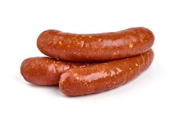 Smoked german sausages, isolated on white background.