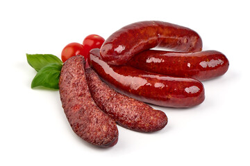 German traditional grilled sausages, close-up, isolated on white background.