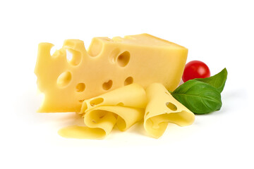 Maasdam cheese, Netherlands cheese, isolated on white background.