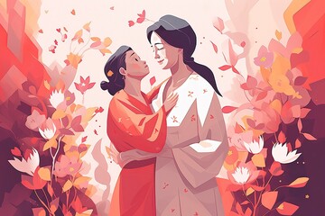 Beautiful mothers day Illustration where Mother is hugging her Children, Animated Character. Generative AI