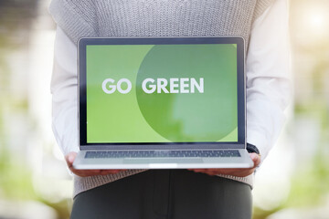 Person, screen or laptop of go green, sustainability or eco friendly conservation website for planet earth. Recycle, technology or global message for carbon footprint, clean energy and climate change