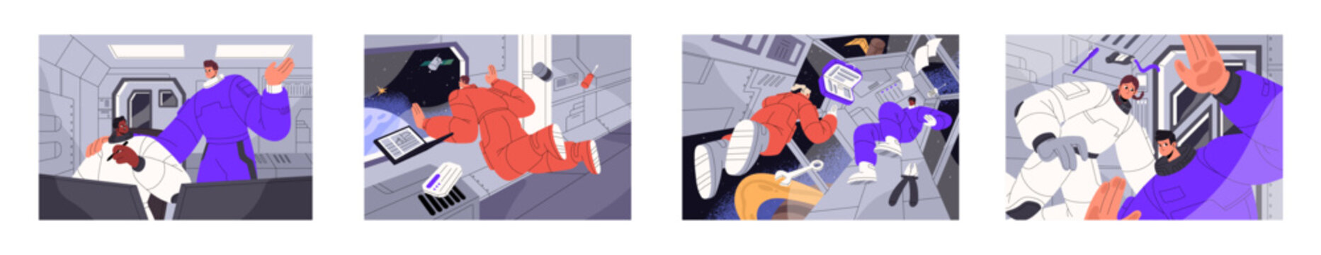 Astronauts inside spaceship. Cosmonauts, men and women travel in space ship, cosmos shuttle interior. Astronomy crew in spacesuits floating in weightlessness, orbit flight. Flat vector illustrations