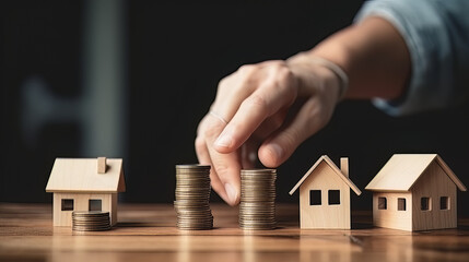Business hand holding home with Buy or Rent, copy space. Property investment and house mortgage financial concept, Hand putting money coin stack with wooden