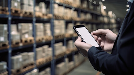 Digitalisierung in der Lagerlogistik, Manager organisiert Prozesse mit dem Smartphone