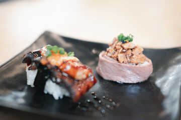 Close-up of Japanese beef sushi. Japan food
