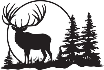 Deer on a landscape with forest and moon vector	illustration, SVG