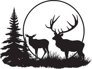 Deer on a landscape with forest and moon vector	illustration, SVG