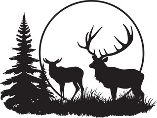 Obraz premium Deer on a landscape with forest and moon vector illustration, SVG
