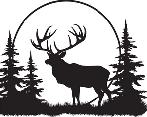 Deer on a landscape with forest and moon vector	illustration, SVG