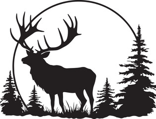 Deer on a landscape with forest and moon vector	illustration, SVG