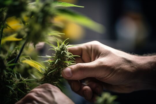 Close-Up of Skilled Hands Trimming Cannabis Plant in Light Indoor Farm - Expert Marijuana Cultivation and Harvesting Process - High-Quality Stock Image for the Cannabis Industry and Enthusiasts