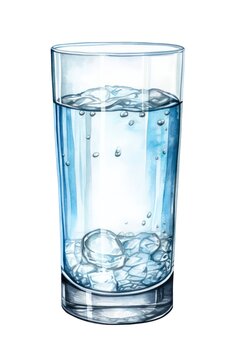 Glass of water with ice cubes isolated on white background, watercolor illustration. Generative AI.