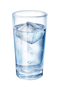Glass of water with ice cubes isolated on white background, watercolor illustration. Generative AI.