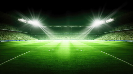 Sports stadium with grass pitch and lighted floodlighting towers. Generative AI