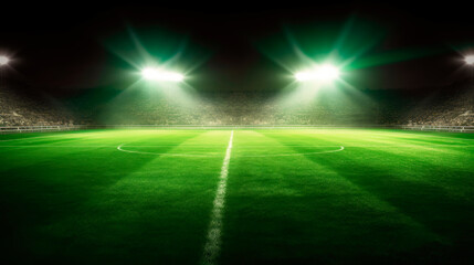 Sports stadium with grass pitch and lighted floodlighting towers. Generative AI