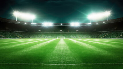 Sports stadium with grass pitch and lighted floodlighting towers. Generative AI