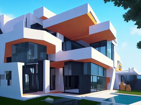 Exploring a Surreal Futuristic Villa's Playful Geometry. Generative AI.
