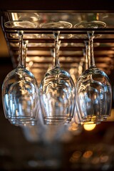 Beautiful closeup of hung wine glasses for background use