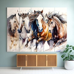 Seven White Horses Depicted in a Painting. Generative AI