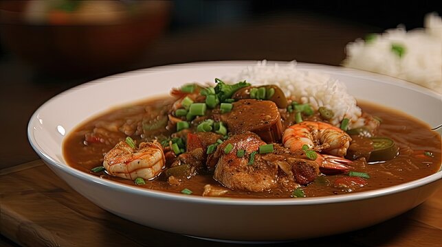 Spicy seafood gumbo is a classic Cajun dish that features a mix of seafood, vegetables, and spices in a flavorful roux-based broth. Generated by AI.